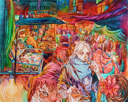 Original watercolor art print- Street Food Fantasy (Size Around 9 x 11 Inches)