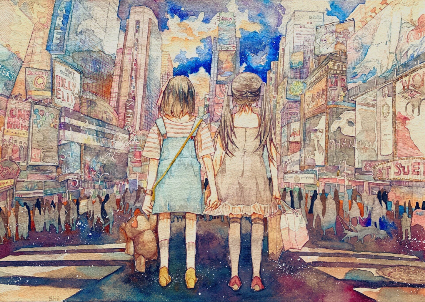 big print-Original watercolor art print-Two Girls One City (Size Around 12 x 18 Inches)