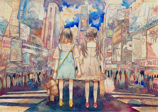 big print-Original watercolor art print-Two Girls One City (Size Around 12 x 18 Inches)