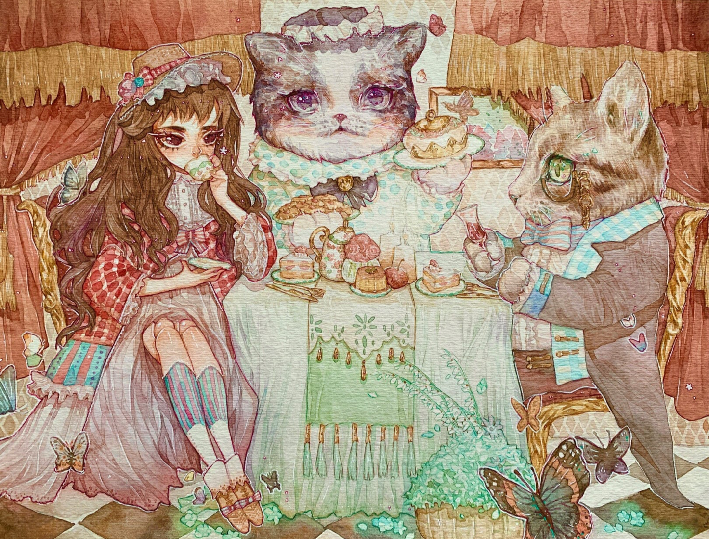 Original watercolor art print-Doll's Tea Time-Big Print-  (Size Around 13x18 Inches)