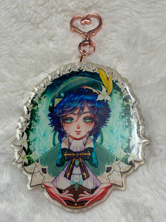 Original KeyChain - The God of The Wind (double sided glitter epoxy) (Size Around 6 x 5 Inches)
