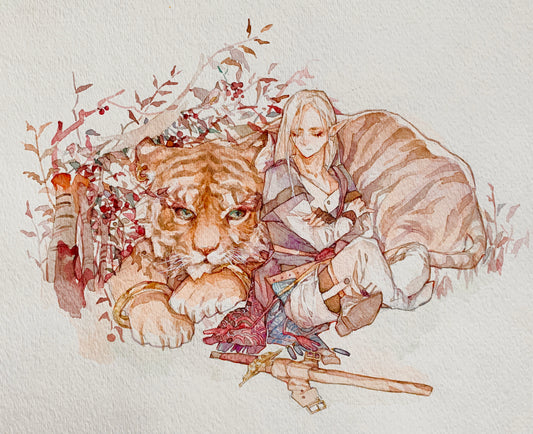 Original Watercolor Art Print- Elf and Tiger (Size Around 9 x 11 Inches)